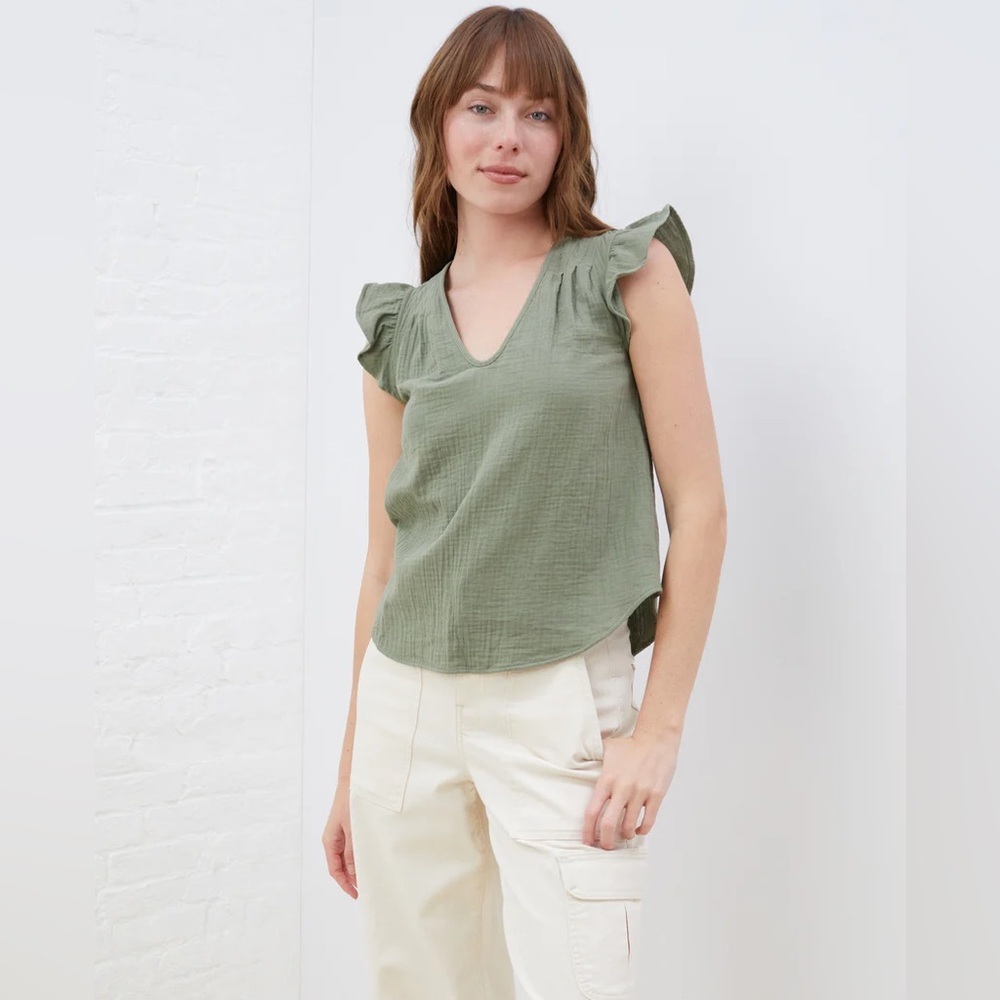 UpWest Olive Top Coastal Crinkle Cotton Flutter Sleeve